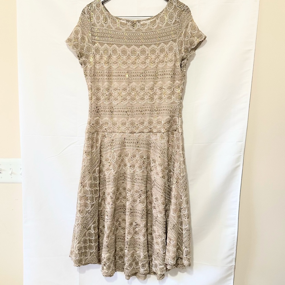 Signature by Sangria Tan Fit and Flare Midi Dress with Crew Neck